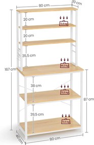 Regál do kuchyne, Stojan na mikrovlnku, 6 políc a 6 hákov, farba dub a biela