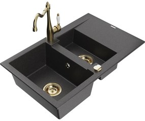 Mexen Gaspar, granitový drez 752x436x161 mm, 1,5-komorový a drezová batéria Carla, čierna škvrnitá, 6507-76-670700-50