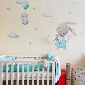 Detské nálepky na stenu - Zajačiky s hviezdičkami v mentolovej farbe