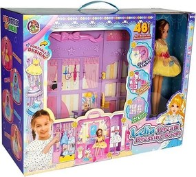 LEAN Toys Šatník so svetlom a zrkadlom, bábika 26 cm, sada oblečenia a doplnky