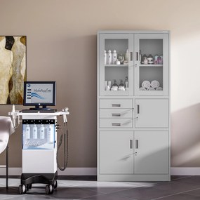 Kovová spisová skriňa so zásuvkami, vitrínou a trezorom FILIP, 900 x 1850 x 400 mm, šedá