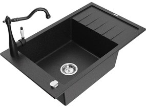 Mexen Elias, granitový drez 795x480x200 mm, 1-komorový a drezová batéria Carla, čierna-strieborná metalíza, 6511-73-670700-70