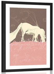 Plagát s paspartou kôň na ružovej lúke - 20x30 silver