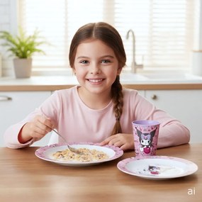 Sada plastového riadu Kuromi s pohárikom - bez obsahu BPA – súprava 3 ks