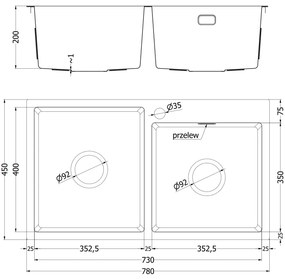 Mexen Xorin, 2-komorový nerezový drez 780 x 450 mm, brúsená oceľ, vzor voština, 6441782000-01HC