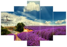 Gario Obraz s hodinami Čarovná levanduľová krajina - 5 dielny Rozmery: 150 x 70 cm