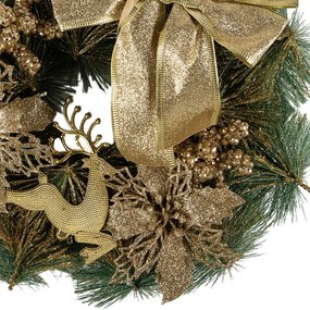 Zeleno-zlatý vianočný veniec s mašľou a jeleňom Christmas Deer - Ø 30*7 cm