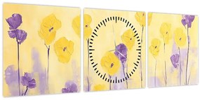 Obraz - Fialové a žlté kvietky (s hodinami) (90x30 cm)