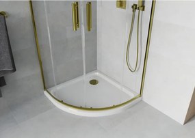 Mexen Rio, štvrťkruhový sprchovací kút s posuvnými dverami 80(dvere) x 80(dvere) x 190 cm, 6mm číre sklo, zlatý profil + biela sprchová vanička SLIM, 863-080-080-50-00-4110G
