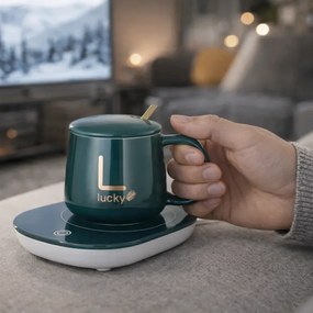 Sada keramického hrnčeka s elektrickým ohrievačom Lucky v darčekovom balení - green