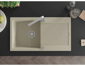 Mexen Leo, drez granitový 900x500x190 mm, 1-komorový, béžový s chrómovým sifónom a chrómová drezová batéria Rita, 6501-69-670300-00