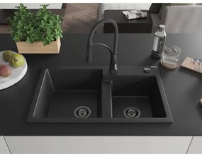 Mexen Tomas, 2-komorový granitový drez 800x500x190 mm a drezová batéria Aster, čierna-strieborná metalíza, 6516-73-73450-70-B