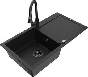 Mexen Leo, 1-komorový granitový drez 900x500x190 mm a drezová batéria Elia, čierna, 6501-77-670101-70-B