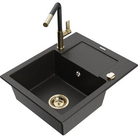 Mexen Enzo, 1-komorový granitový drez 576x465x174 mm a drezová batéria Flora, čierna-zlatá metalíza, 6506-75-670401-57-G