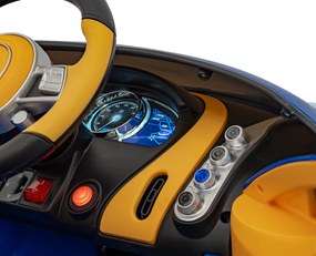 Ramiz Bugatti Chiron batérie pre deti Modrá + Diaľkové ovládanie + Nosič batožiny + EVA + Tlmiče + LED Audio