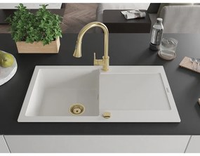 Mexen Leo, 1-komorový granitový drez 900x500x190 mm a drezová batéria Elia, biela, 6501-20-670101-50