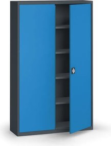 Plechová policová skriňa na náradie KOVONA, 1950 x 1200 x 400 mm, 4 police, grafit/modrá