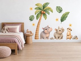 Hrošík a nosorožec pod palmou hravé akvarelové nálepky so safari kamarátmi a kokosovou palmou do detskej izby na stenu arch 23 x 46 cm