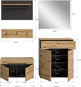 Predsieňová zostava Cano (5-dielna), šedá/dub artisan