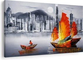 Obraz - Victoria Harbor, Hong Kong, čiernobiela olejomaľba (90x60 cm)
