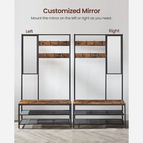 Stojan na kabáty so zrkadlom, háčikmi, lavicou a policami na topánky, rustikálny hnedý