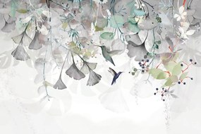 Tapeta listy s kolibríkmi v šedo-zelenom