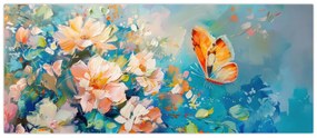 Obraz - Motýľ a kvety, olejomaľba II. (120x50 cm)