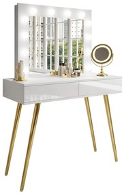 Toaletný stolík JOANNA II so zrkadlom + led osvetlenie, biely lesk + zlatá