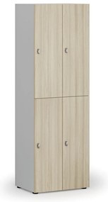 Drevená šatníková skrinka S4 s úložnými boxmi, 4 boxy, demont, otočný zámok, sivá/dub prírodný