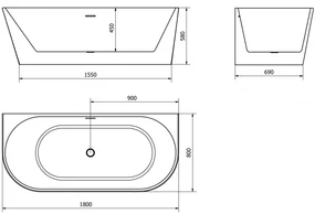 Mexen Oval, voľne stojaca nástenná vaňa 180 x 80 cm, biela, ružové zlato prepad, 52671808000-60