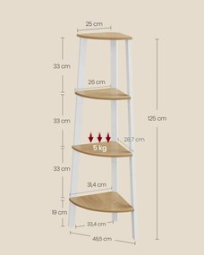 Knižnica do rohu, 4-poschodová rebríková polica 33×33×125 cm, prírodná - biela farba