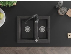 Mexen Carlos, 1,5-komorový granitový drez 582x475x177 mm a drezová batéria Savita, čierna škvrtnitá, 6518-76-672601-70