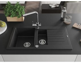 Mexen Matias, granitový drez 900x505x200 mm, 1,5-komorový a chrómová batéria Duero, čierna, 6502-77-671600-00