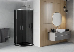Mexen Rio, štvrťkruhový sprchovací kút s posuvnými dverami 70 x 70 cm, 6mm šedé sklo, chrómový profil + čierna sprchová vanička, 863-070-070-01-40-4170