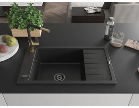 Mexen Elias, 1-komorový granitový drez 795x480x200 mm a drezová batéria Flora, čierna, 6511-77-670401-57-B
