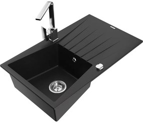 Mexen Cesar, granitový drez 775x470x190 mm, 1-komorový, čierna s chrómovým sifónom a chrómová drezová batéria Rita, 6514-77-670300-00
