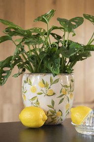 Béžový keramický obal na kvetináč s citrónmi Lemonio M - Ø18*17 cm