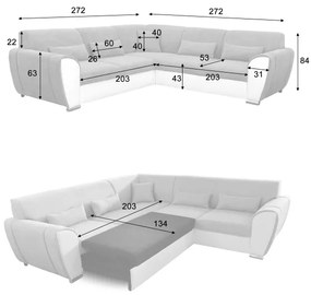 Rozkladacia rohová sedacia súprava VISEU do tvaru L s úložným priestorom, pravá, šedá/biela