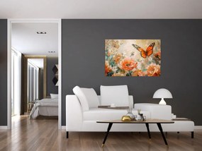 Obraz - Motýľ a kvety, olejomaľba (90x60 cm)