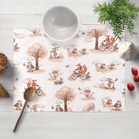 Biante Detské bavlnené prestieranie na stôl Sandra SA-696 Líšky na bicykloch - hnedé na bielom 35x45 cm
