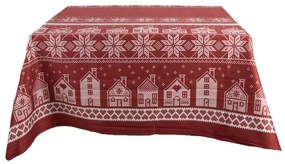Tmavočervený zimný obrus s domčekmi a vločkami - 140*220 cm