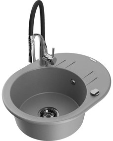 Mexen Kevin, 1-komorový granitový drez 586x458x190 mm a drezová batéria Aster, šedá, 6517-71-73450-07-B