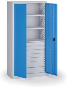 Policová dielenská skriňa 2-dverová, 3 police + 7 zásuviek, 1950 × 950 × 500 mm, modré dvere