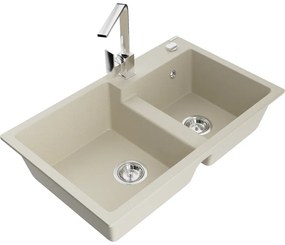 Mexen Tomas, granitový drez 800x500x190 mm, 2-komorový a chrómová batéria Rita, béžová, 6516-69-670300-00