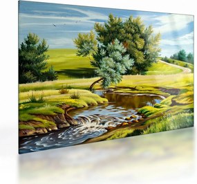 Sklenený obraz - Rieka medzi lúkami, olejomaľba (70x50 cm)