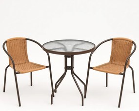 Záhradný balkónový set, polyratan, 2 stoličky + sklenený stô