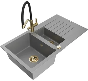Mexen Matias, 1,5-komorový granitový drez 900x505x200 mm a drezová batéria Duo, šedá, 6502-71-671701-57-G