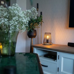 Dizajnová stolná lampa čierna s drevom - Bosk