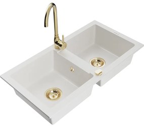 Mexen Mario, 2-komorový granitový drez 82x44 cm s kuchynskou batériou Telma, biela, 6504-20-670200-50