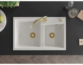 Mexen Tomas, 2-komorový granitový drez 800x500x190 mm a drezová batéria Elia, biela, 6516-20-670101-50